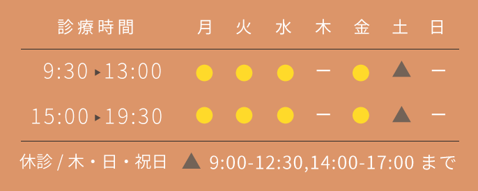 診療時間9:30-13:00/15:00-19:30、休診日:木、日、祝、土曜は9:00-12:30/14:00-17:00